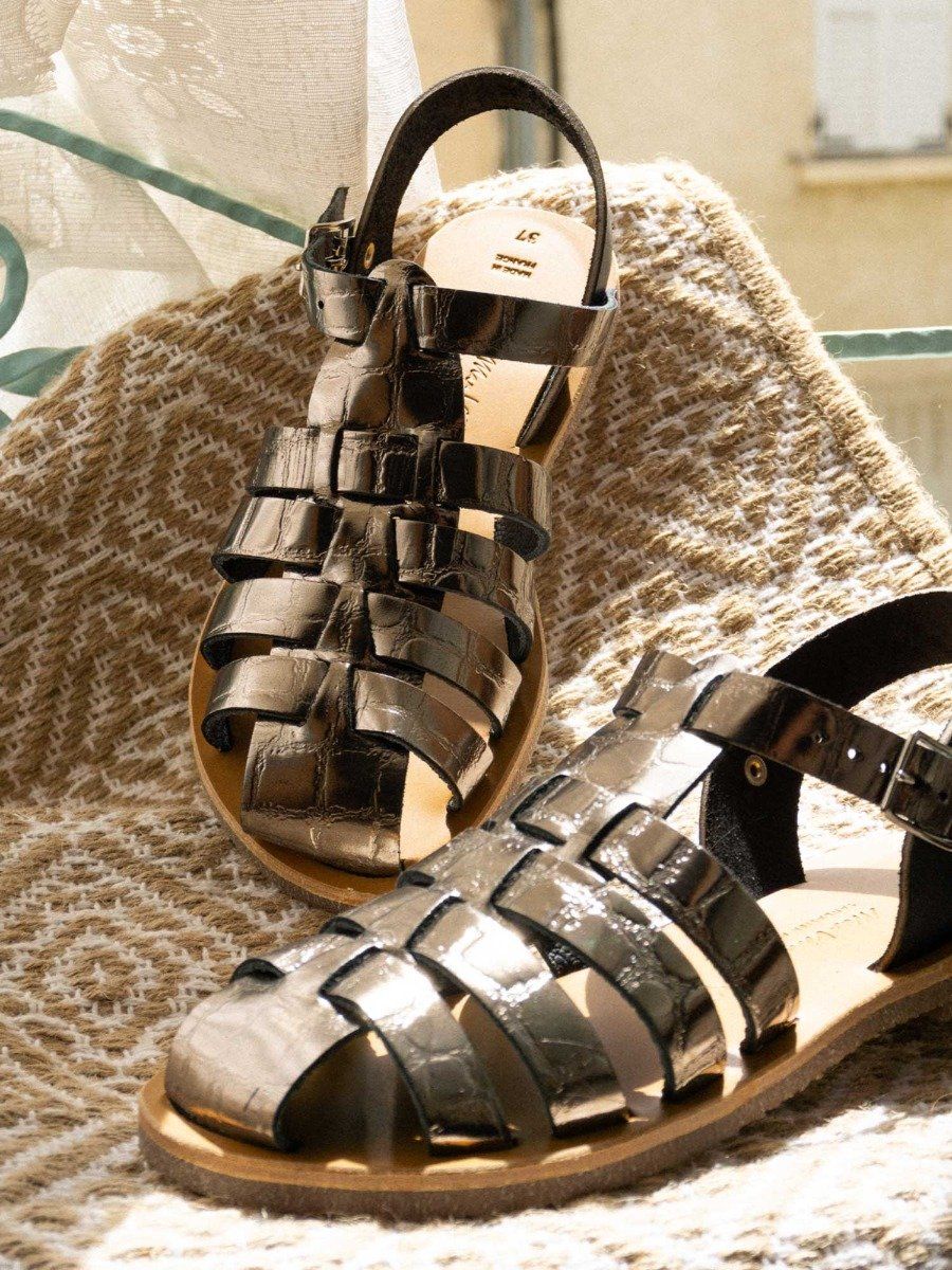 SANDALES FERMEES HELENE CROCO cuir tannage vegetal metal Femme Max Vincent